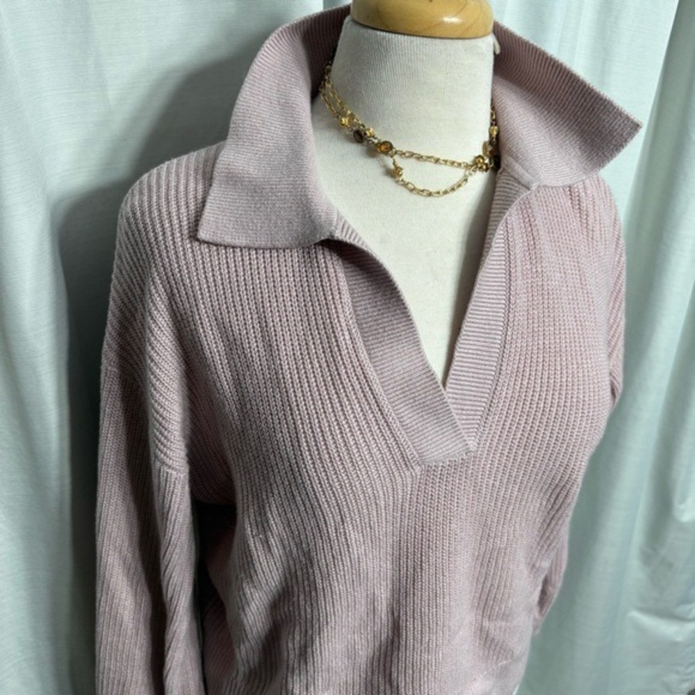 Reitmans Pink Cashmere Blend Ribbed V-Neck Collared Johnny Polo Sweater Size S - Picture 4 of 7